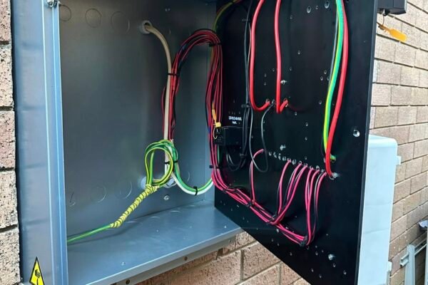 Open meter box with coloured wiring on a brick wall – Marmont Electrical